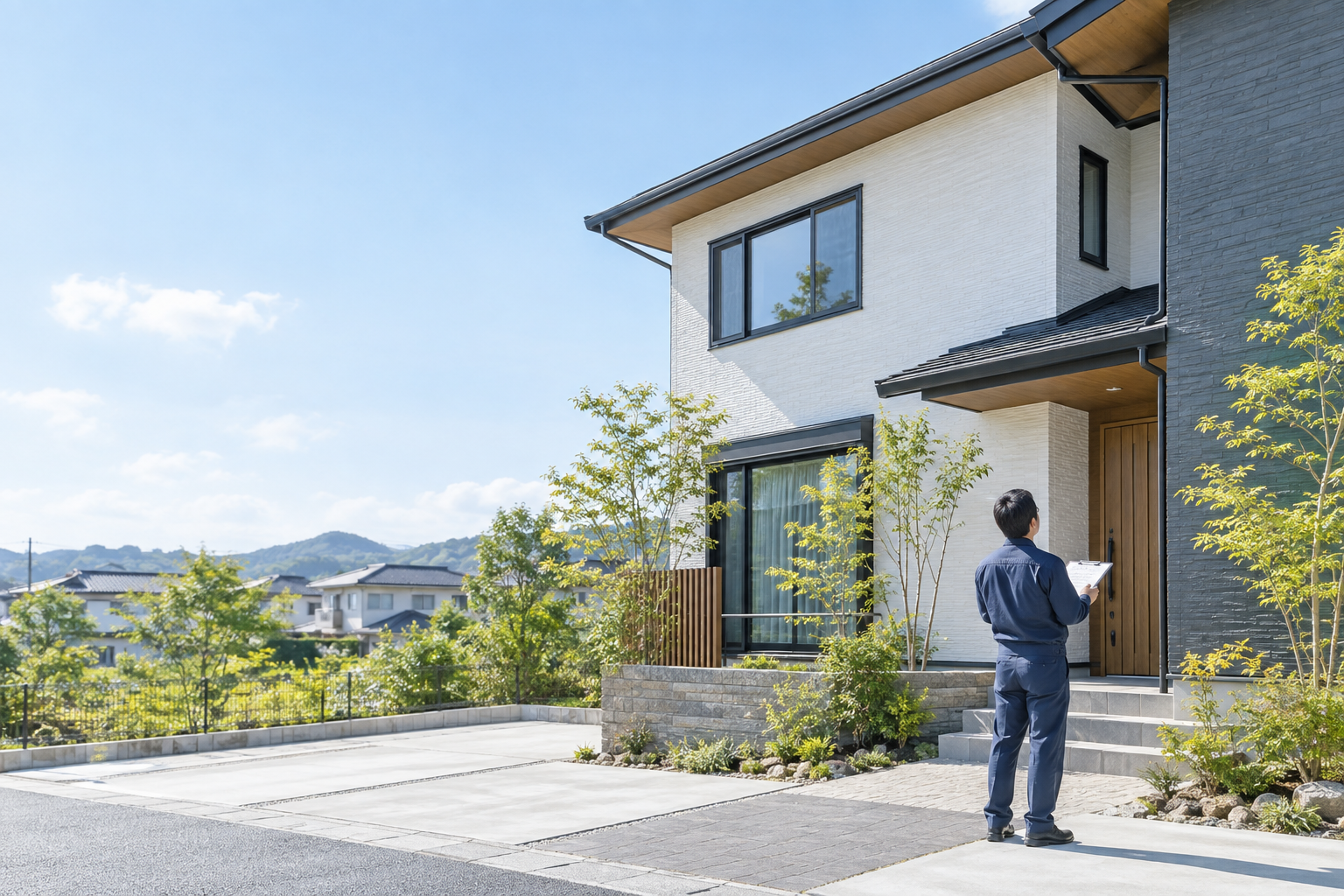 住宅の外観を点検する施工担当者