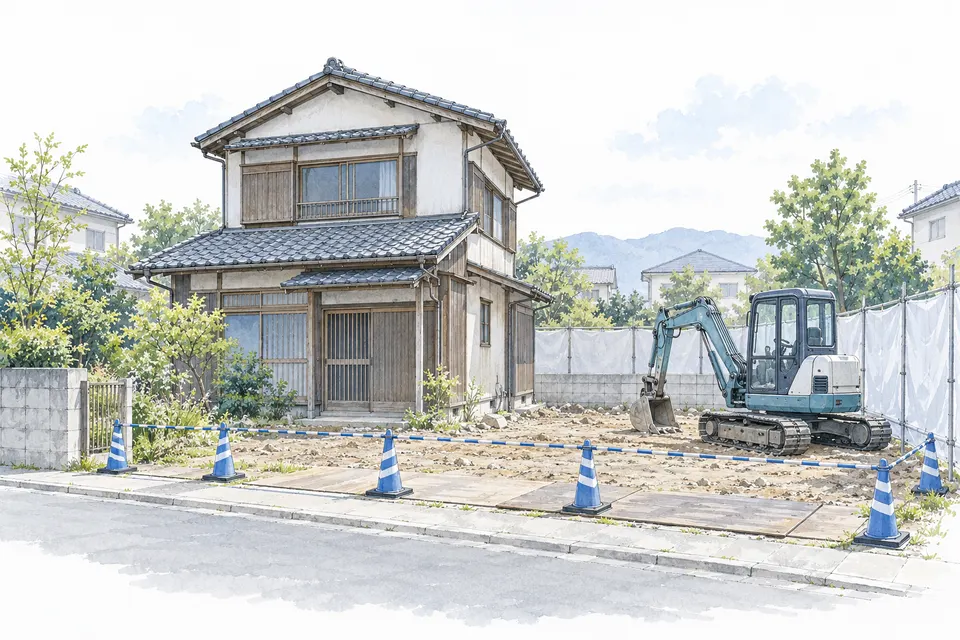 木造住宅と解体工事用重機のイメージイラスト